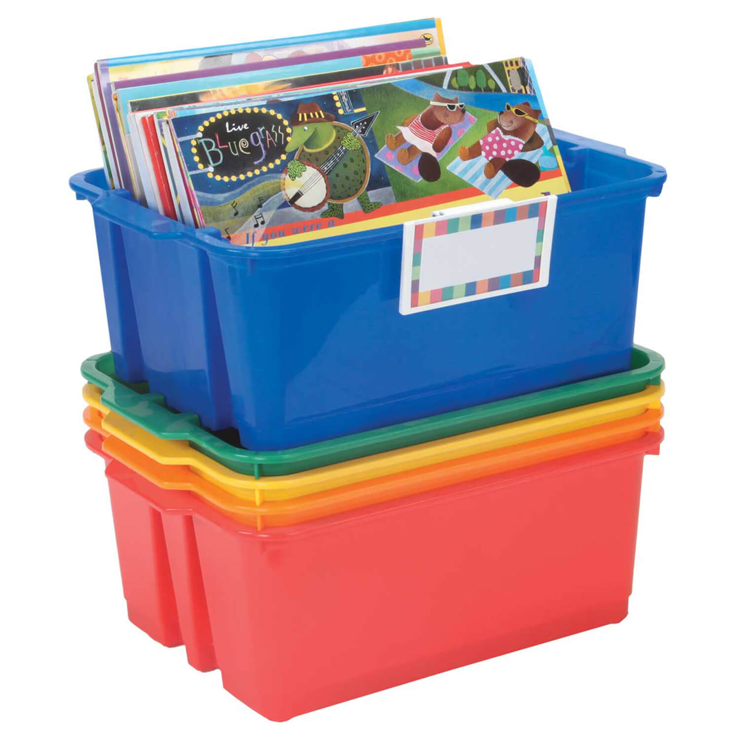 W162119625 Primary Classroom Stacking Bins With Universal Label Holders - 5 Pc