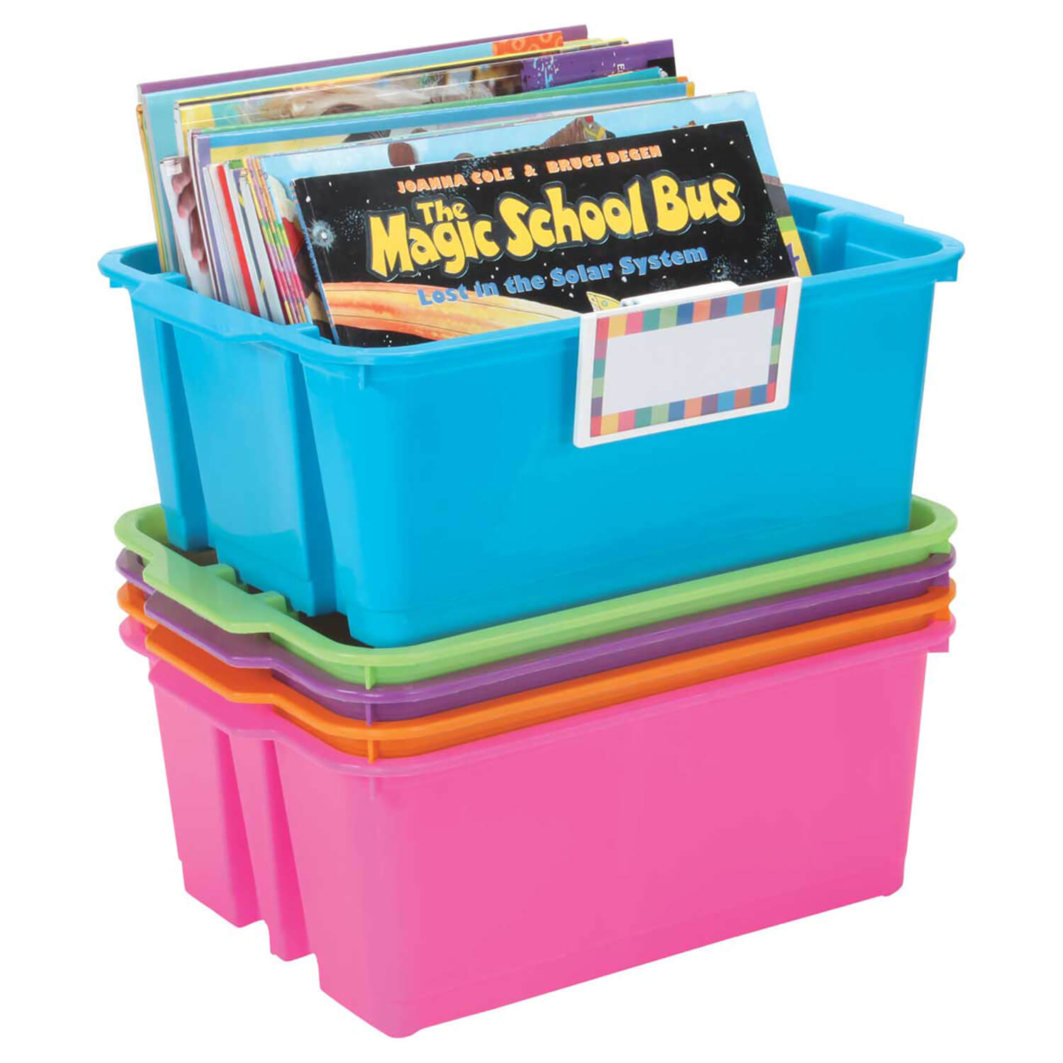 W162133354 Neon Classroom Stacking Bins With Universal Label Holders - 5 Pc.