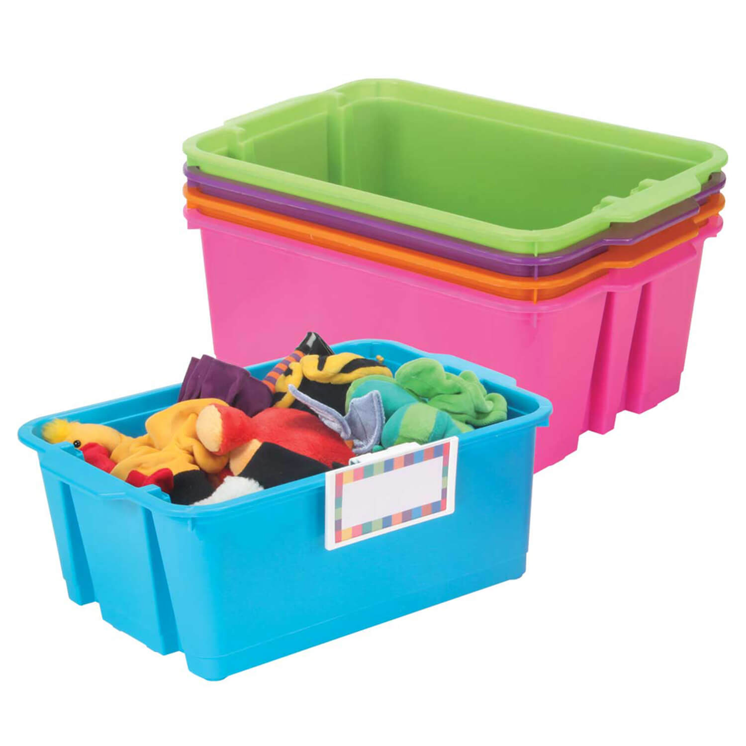 W162133354 Neon Classroom Stacking Bins With Universal Label Holders - 5 Pc.